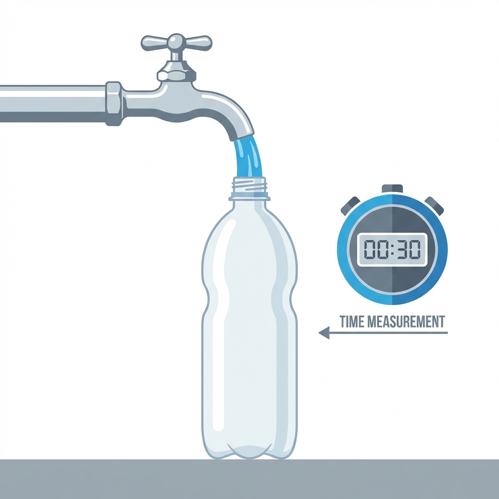 Test de débit au robinet : une bouteille à remplir et un chronomètre sur 30 secondes pour obtenir les litres par minute disponibles