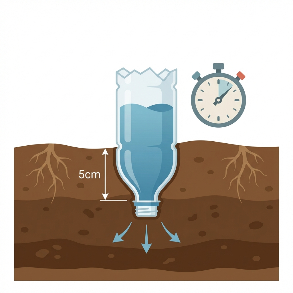 Test d’infiltration du sol : bouteille coupée enfoncée dans la terre, 5 cm d’eau et chronomètre pour mesurer la vitesse de drainage