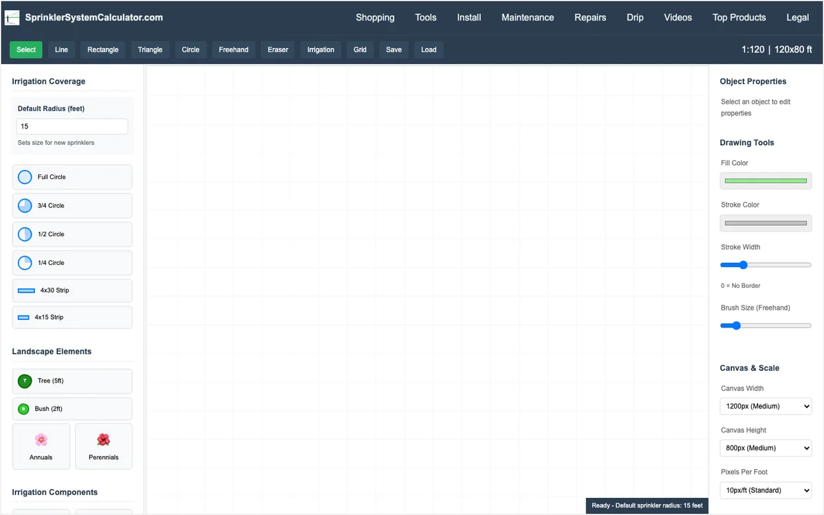 Il canvas reale del Sprinkler System Design Tool, da sprinklersystemcalculator.com (screenshot di agosto 2026).