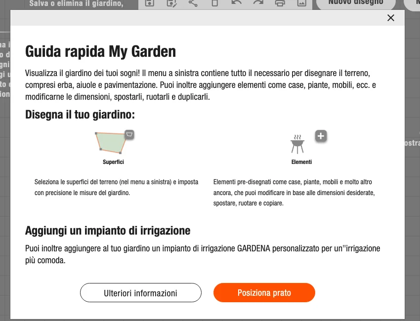 L'overlay "Guida rapida" in-app di GARDENA, da my-garden.gardena.com (screenshot di agosto 2026).